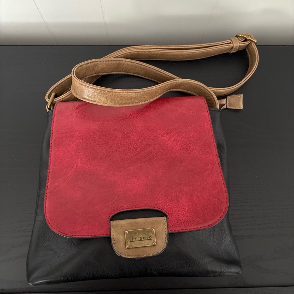 Liz Soto Black & Red Vegan Leather Crossbody Bag Tan Strap and Floral Lining